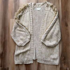 Anthropologie One Size Fringe Trim Open Cardigan Oatmeal Chunky Knit